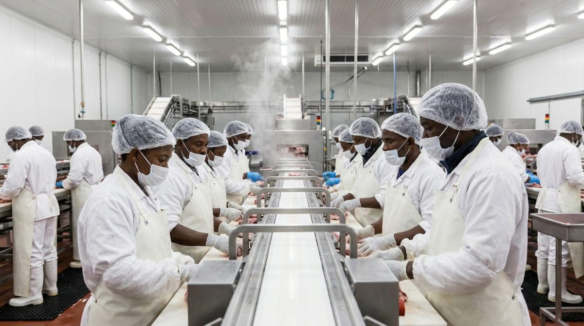 Nigerian meat processing workers on a production line in an Australian abattoir