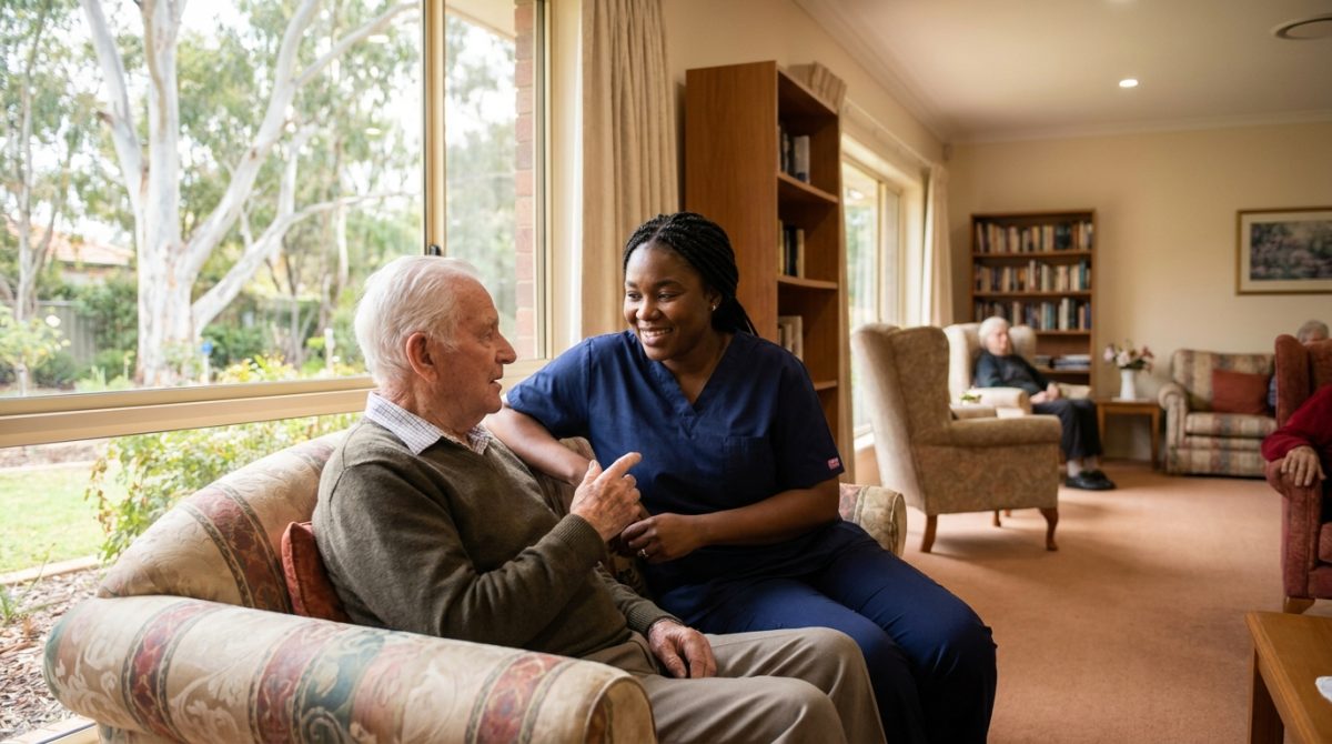 Nigerian aged care worker talking with an elderly resident in an Australian aged care facility