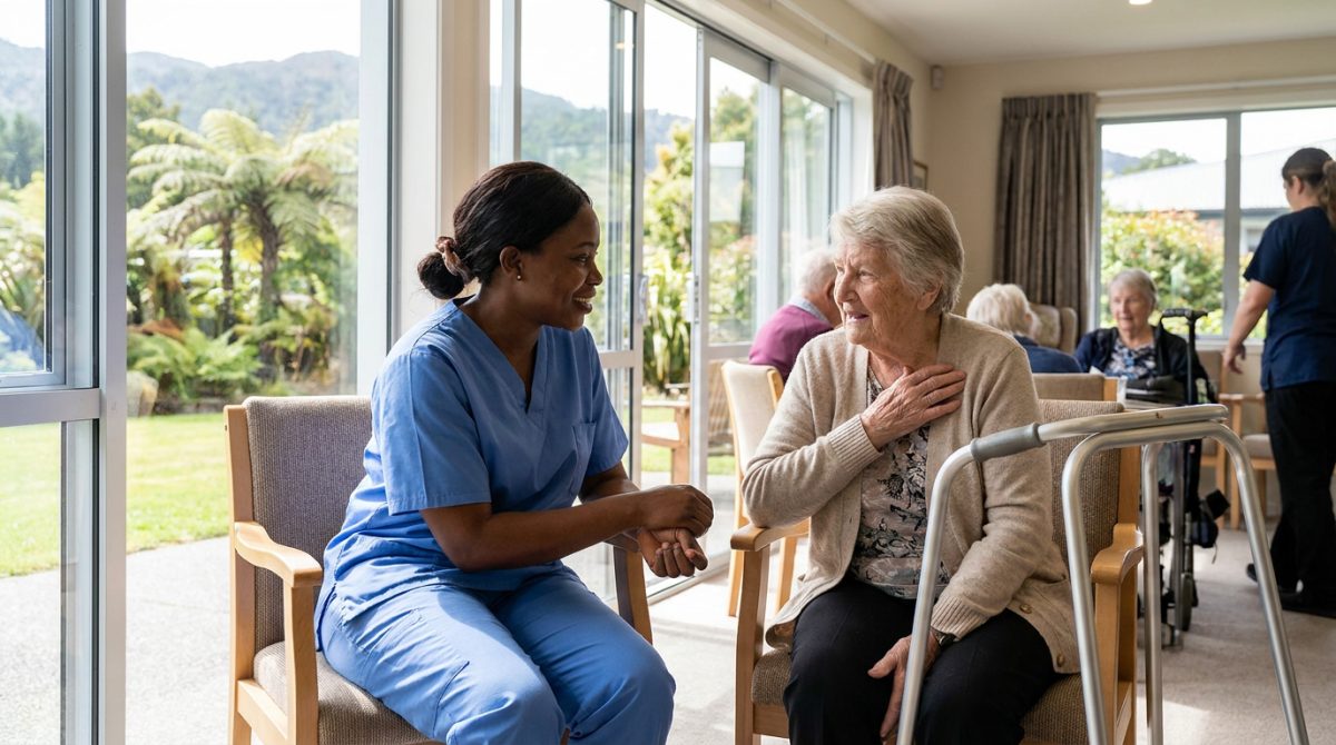 Nigerian aged care worker talking with an elderly resident in a New Zealand rest home
