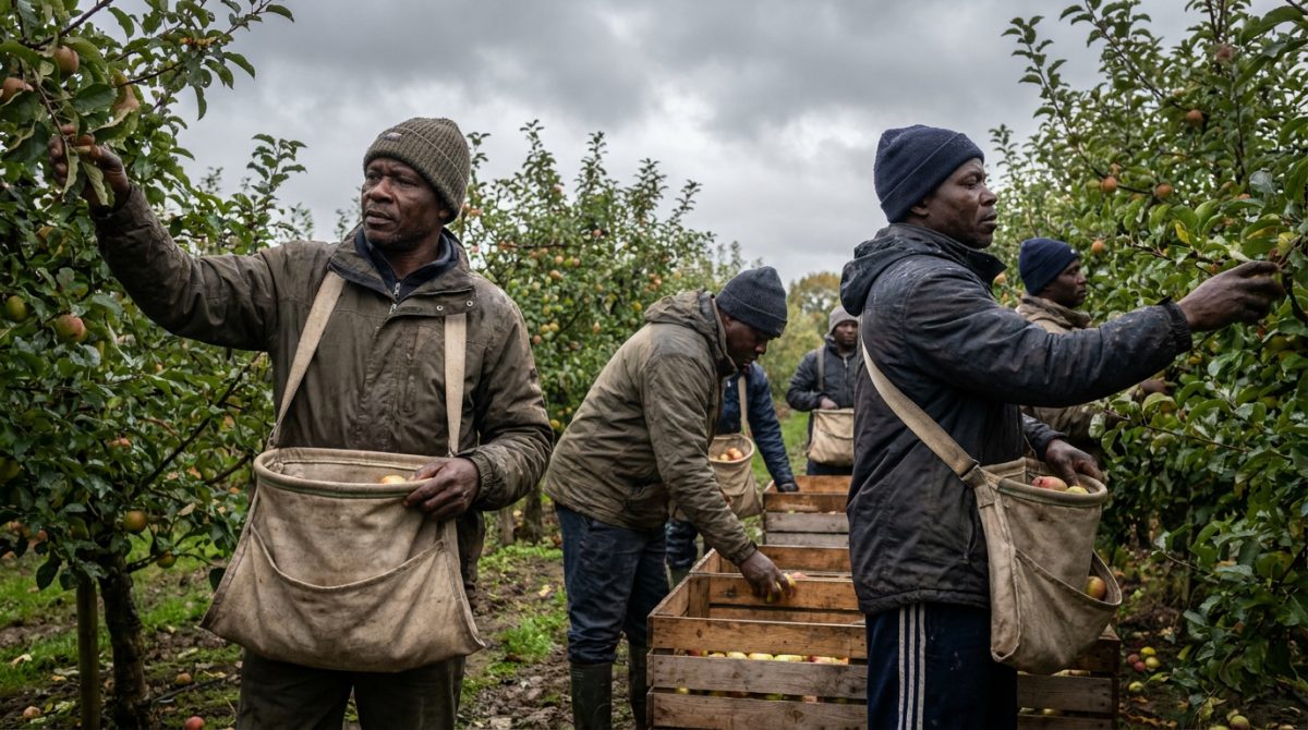 Nigerian seasonal workers harvesting apples in a British orchard