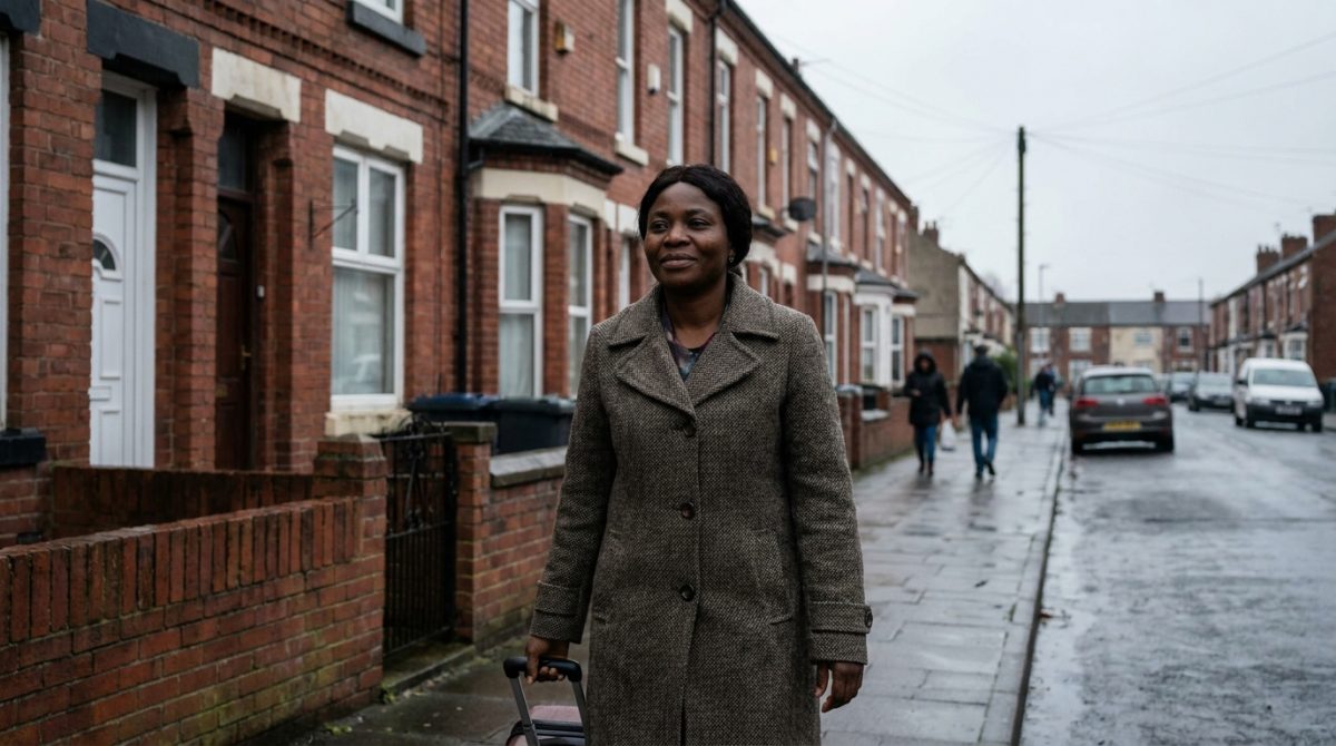 Nigerian woman with a suitcase on a British residential street