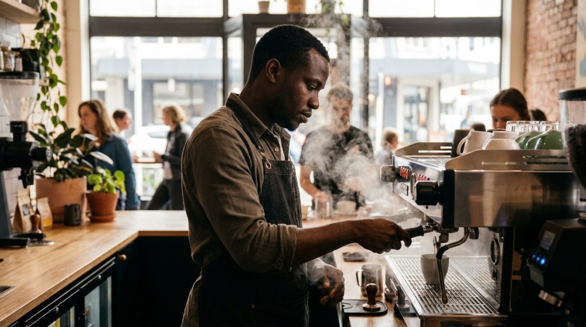 Nigerian barista operating an espresso machine in a New Zealand cafe