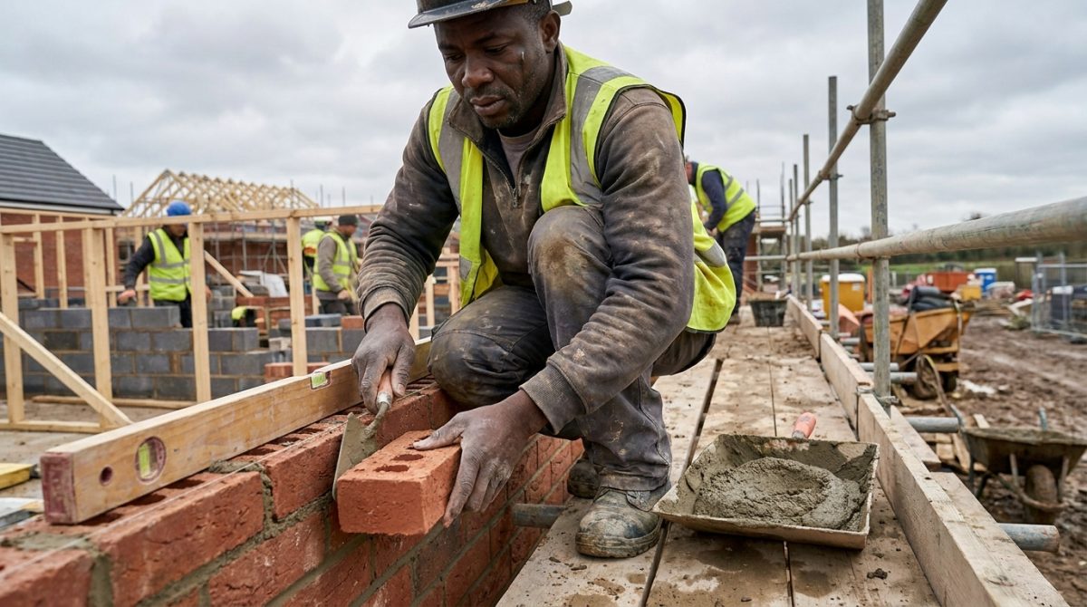 Nigerian bricklayer laying bricks on a British housing development