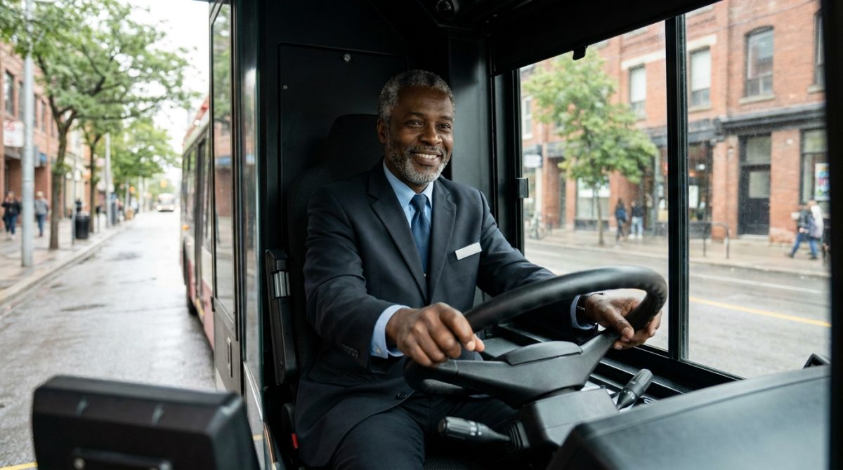 Nigerian bus driver at the wheel of a Canadian city transit bus