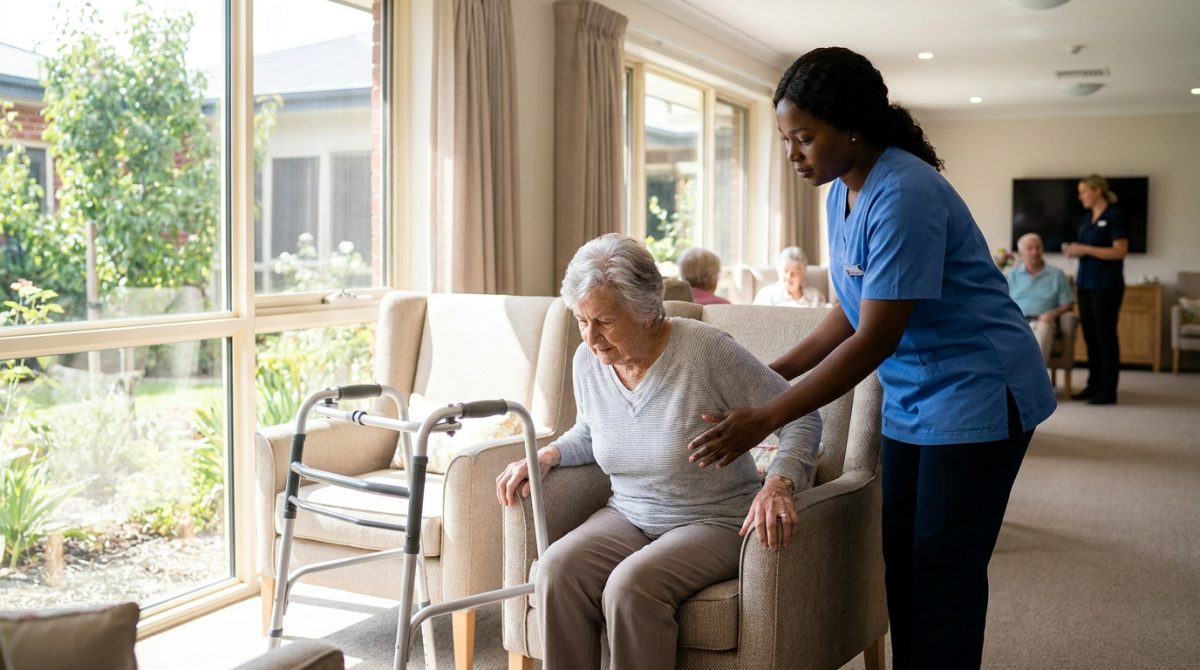 Nigerian personal care assistant helping an elderly woman in an Australian aged care facility