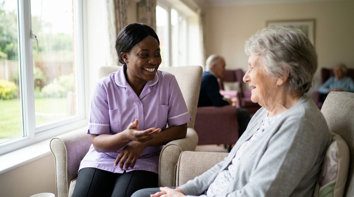 Nigerian care assistant talking with an elderly resident in a UK care home