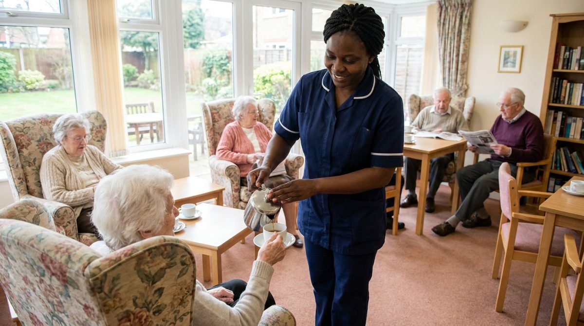 Nigerian care assistant serving tea to residents in a British care home lounge