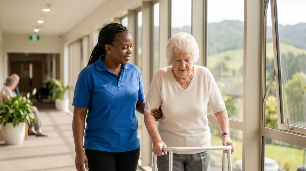 Nigerian healthcare assistant helping an elderly woman with a walking frame in New Zealand