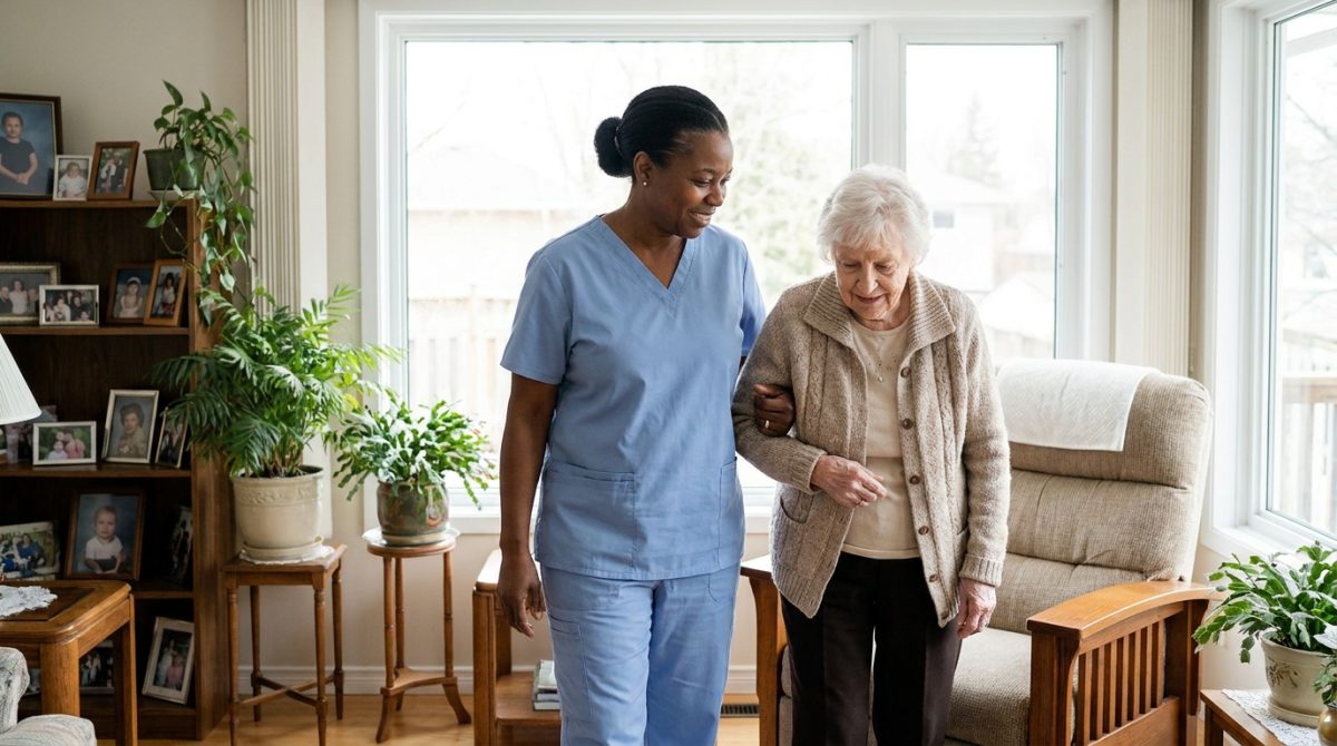 Nigerian home care worker assisting an elderly woman in a Canadian home