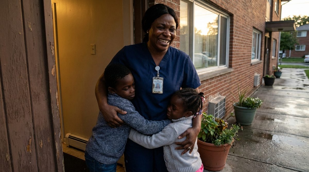Nigerian caregiver in scrubs greeting her children at home in Canada