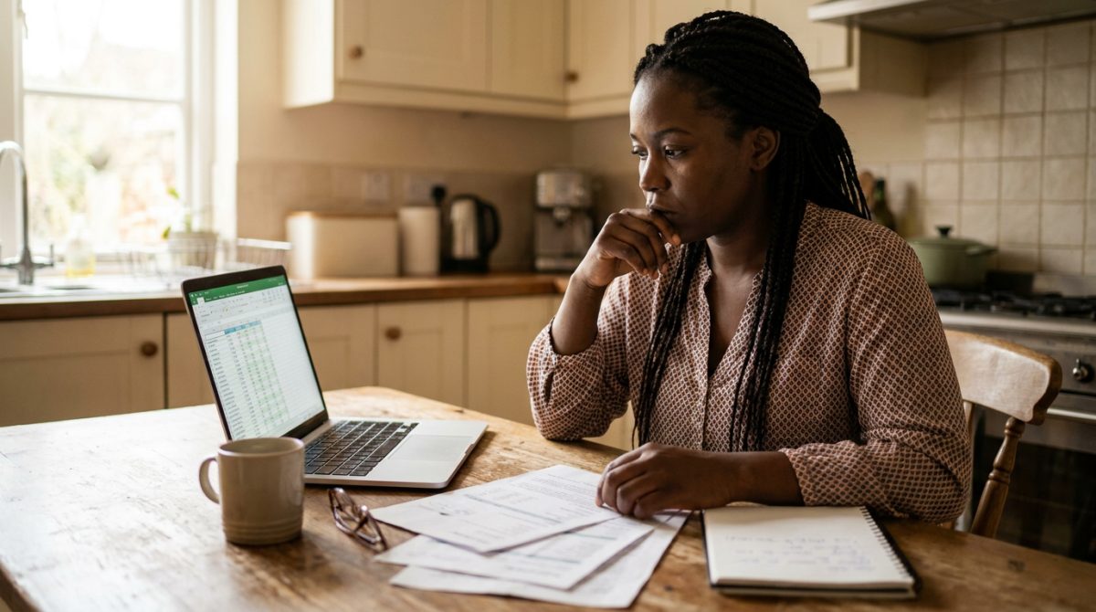 Nigerian caregiver reviewing Canadian permanent residence options at a kitchen table