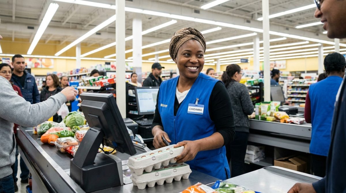 Nigerian cashier serving a customer at a Canadian supermarket checkout