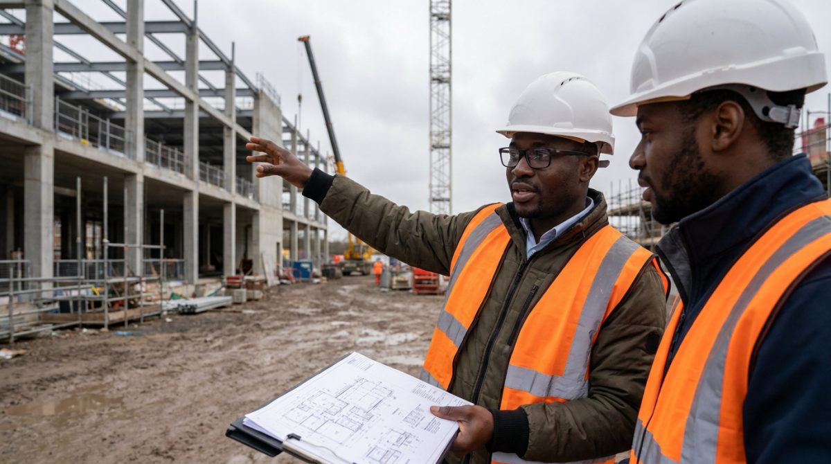 Nigerian civil engineer reviewing technical drawings on a UK construction site
