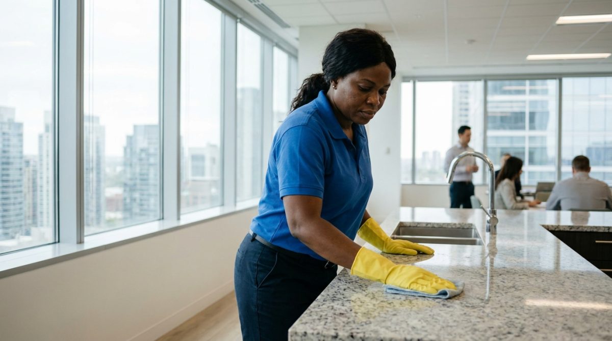 Nigerian cleaner wiping surfaces in a Canadian office kitchen