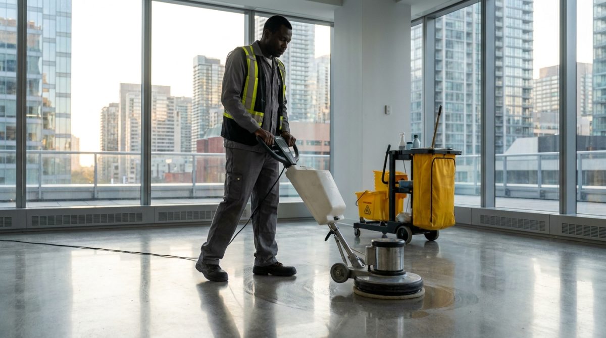 Nigerian commercial cleaner polishing the floor of a Canadian office lobby