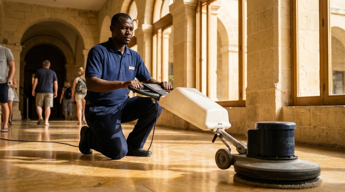 Nigerian cleaner polishing the floor of a hotel lobby in Malta