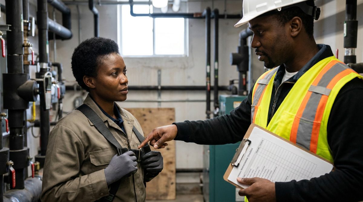 Nigerian cleaner receiving workplace safety training from a Canadian supervisor