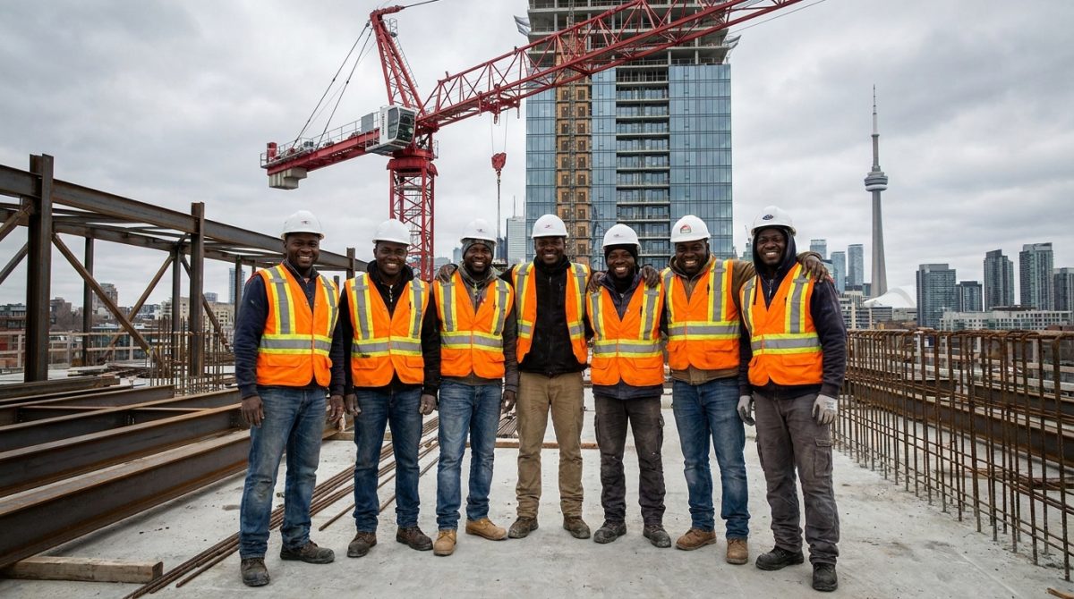 Nigerian construction workers in hard hats and high-visibility vests on a Toronto construction site