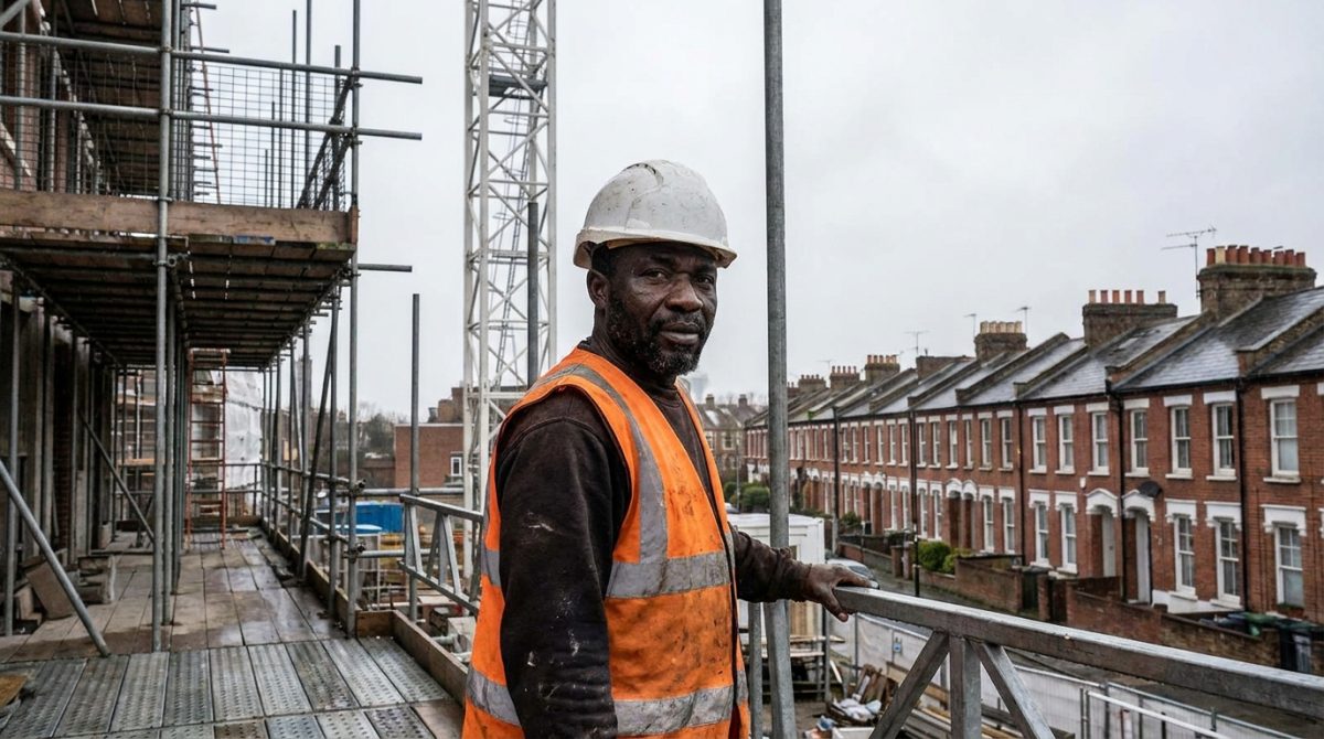 Nigerian construction worker in high-visibility vest on a British building site