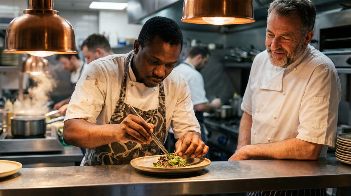 Nigerian cook plating a dish on the pass in a Canadian restaurant kitchen