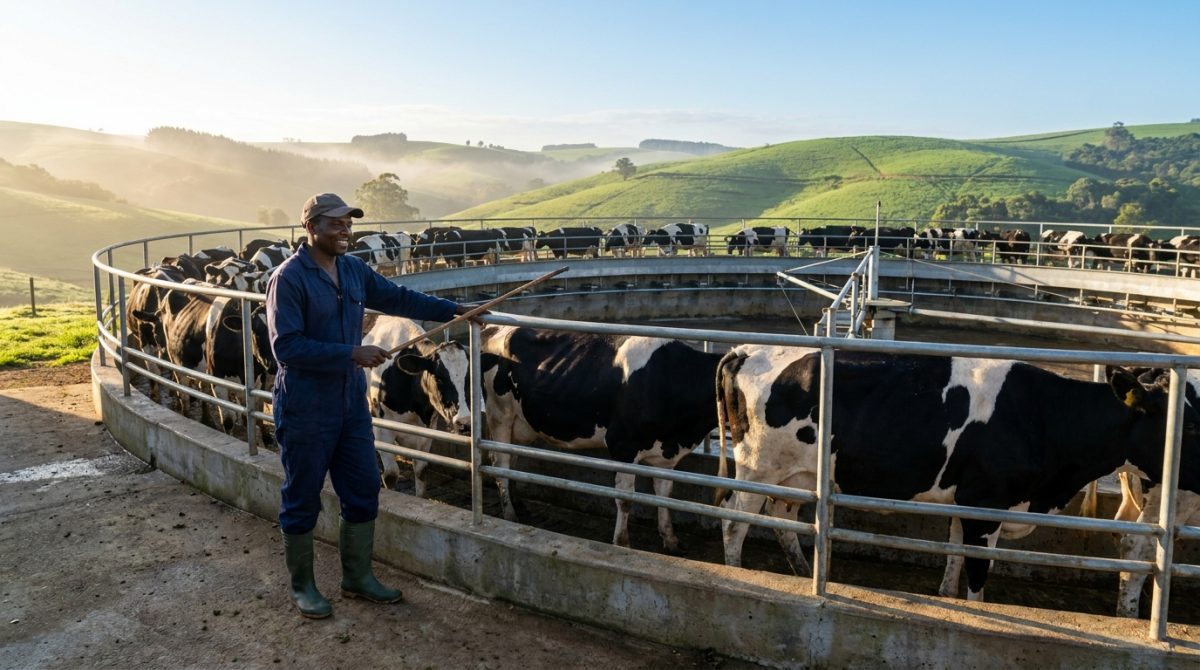 Nigerian dairy farm worker moving cows at a New Zealand rotary milking shed