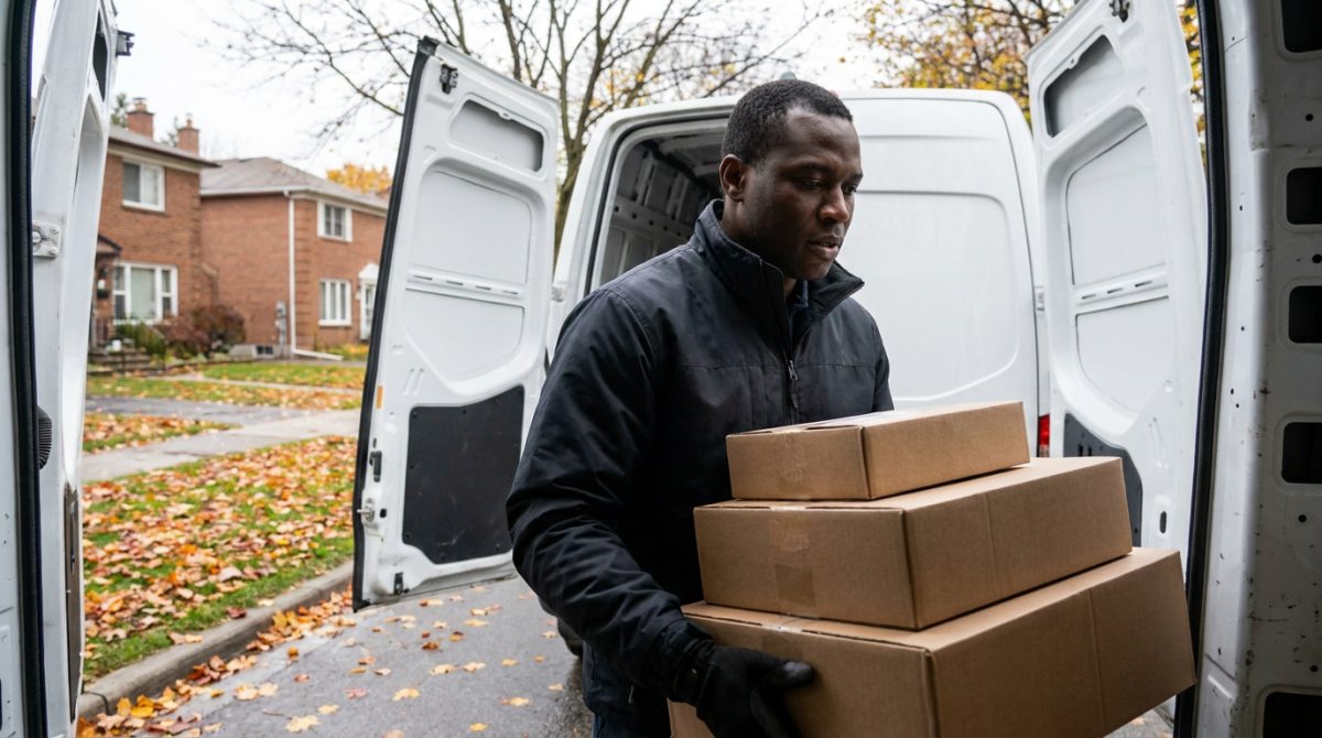 Nigerian delivery driver unloading parcels on a Canadian street