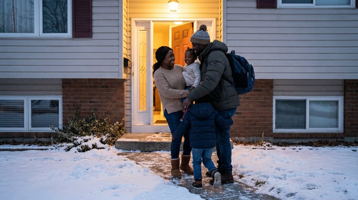 Nigerian truck driver greeted by his family outside their Canadian home in winter