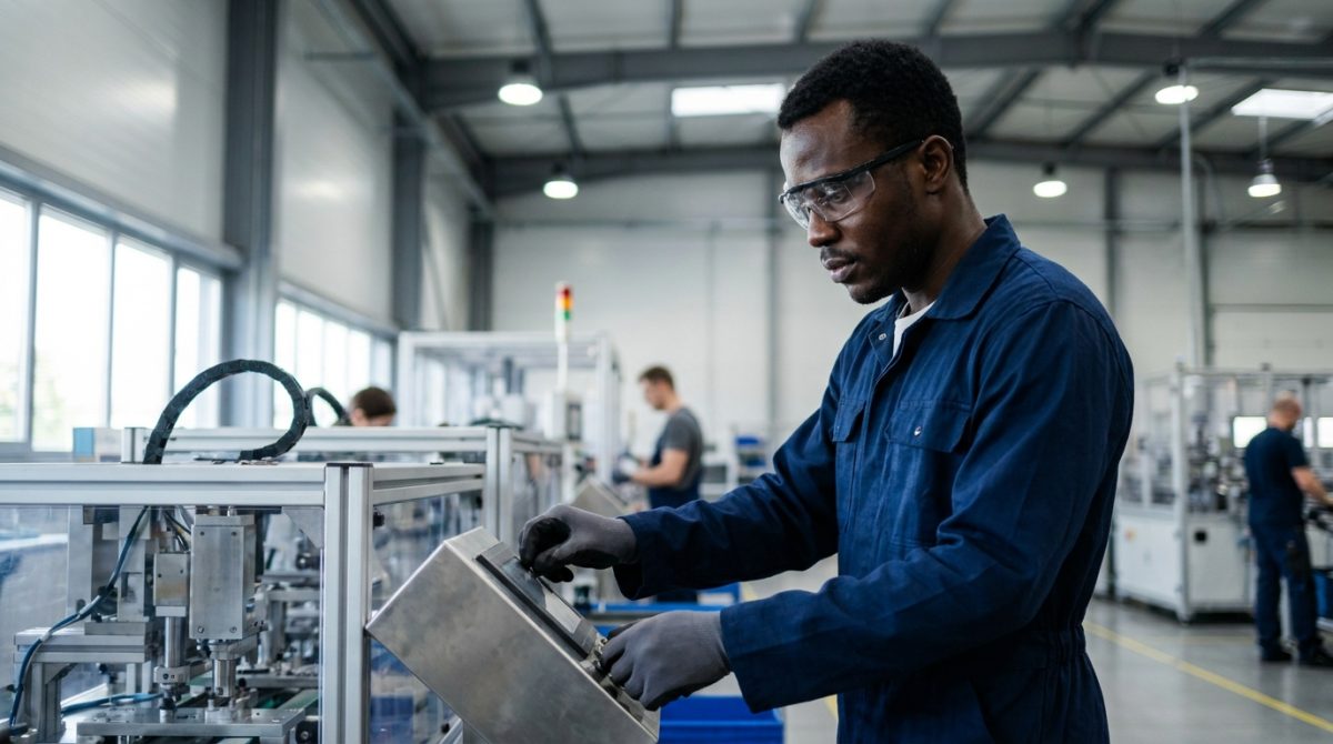 Nigerian factory worker operating machinery in a Polish manufacturing plant