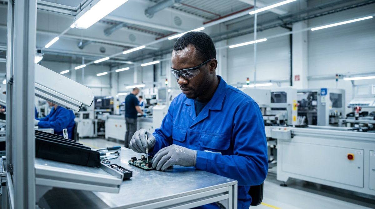 Nigerian assembly worker at a workstation in a Romanian automotive parts factory