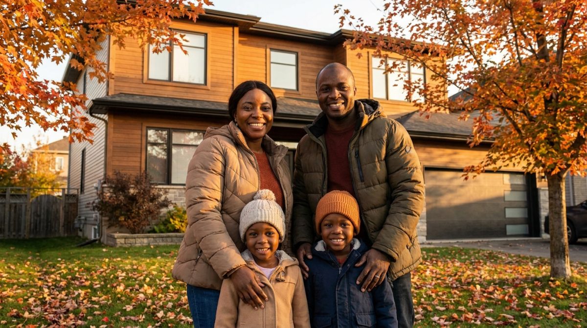 Nigerian family standing outside their home in Canada in autumn