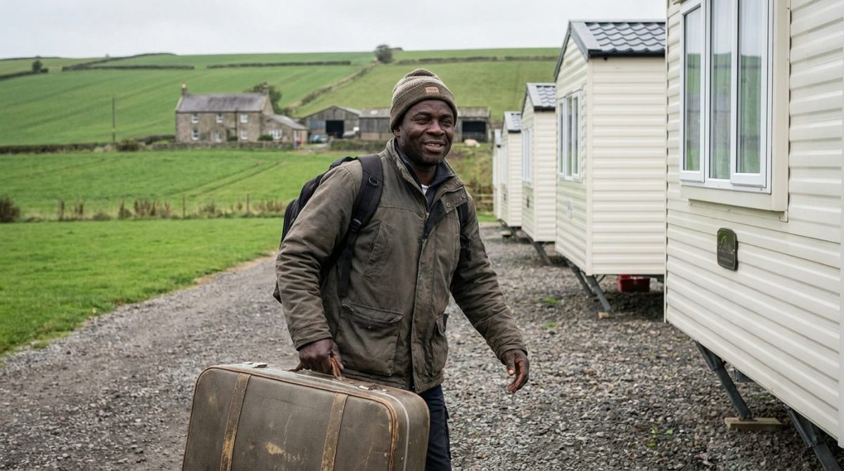 Nigerian seasonal worker arriving at accommodation on a British farm