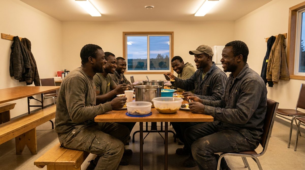 Nigerian seasonal farm workers sharing a meal in employer-provided accommodation in rural Canada