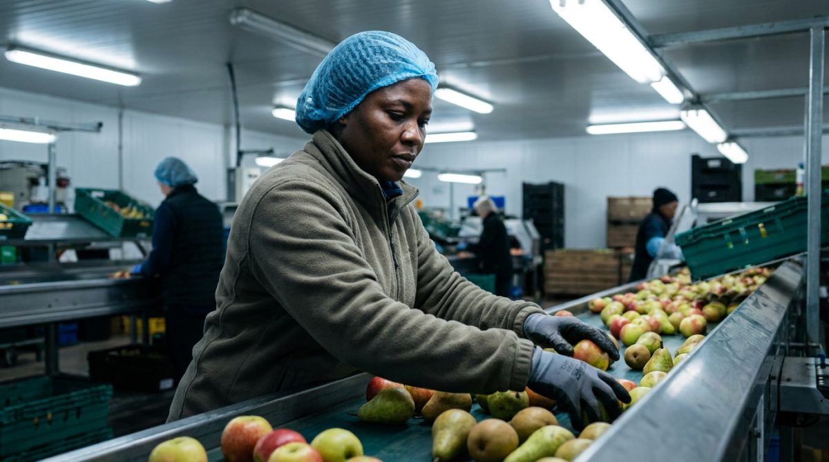 Nigerian worker sorting fruit on a conveyor in a British farm packhouse