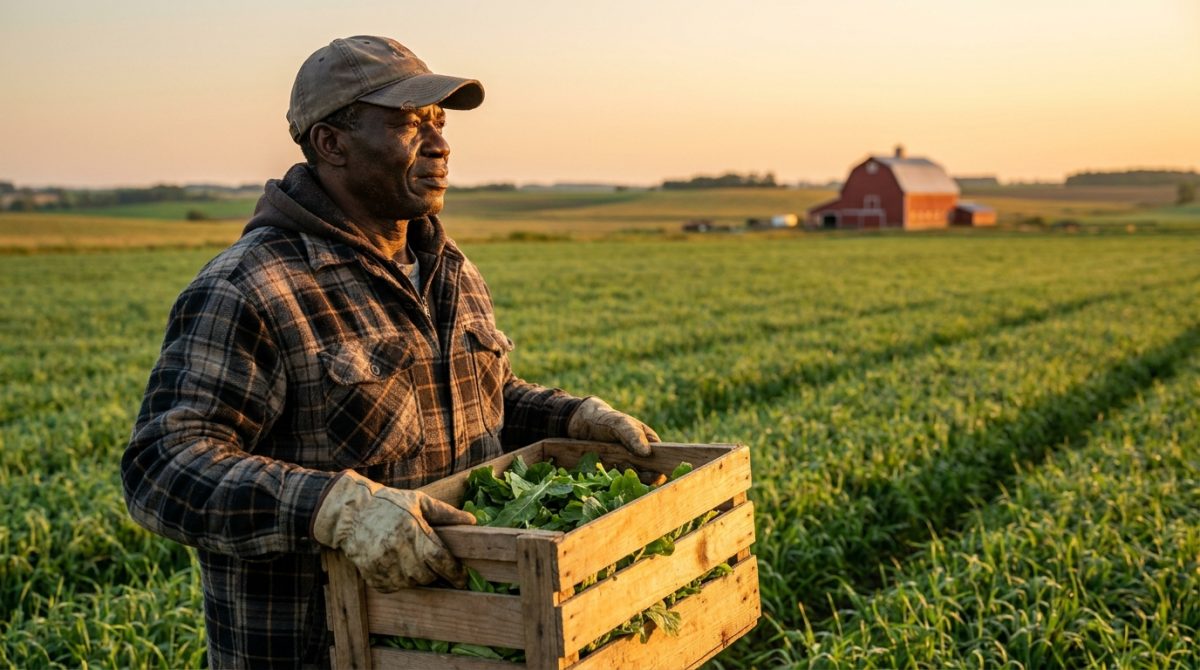 Nigerian farm worker carrying a harvest crate in a Canadian field at sunrise