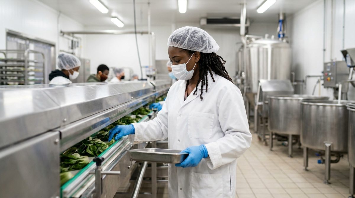 Nigerian food plant worker in hygiene uniform on a Canadian production line