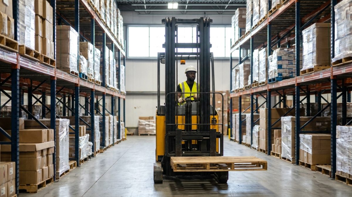 Nigerian forklift operator moving a pallet in a Canadian warehouse
