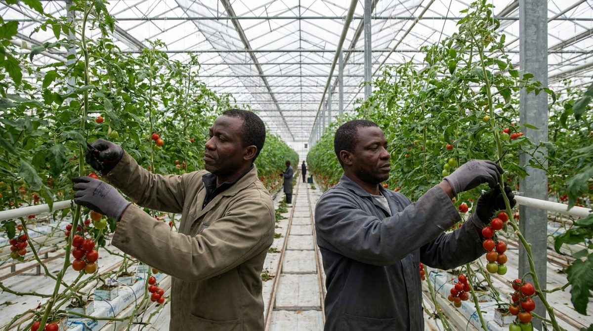 Nigerian agricultural workers tending tomato plants in a Canadian commercial greenhouse