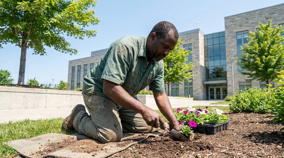 Nigerian groundskeeper planting flowers in a Canadian landscaped garden bed