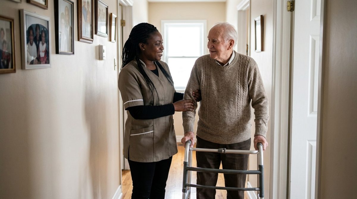 Nigerian home support worker helping an elderly man walk with a frame in Canada