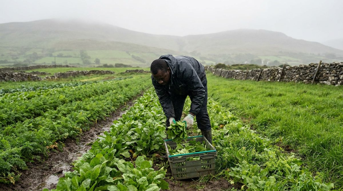 Nigerian horticulture worker harvesting vegetables in an Irish field