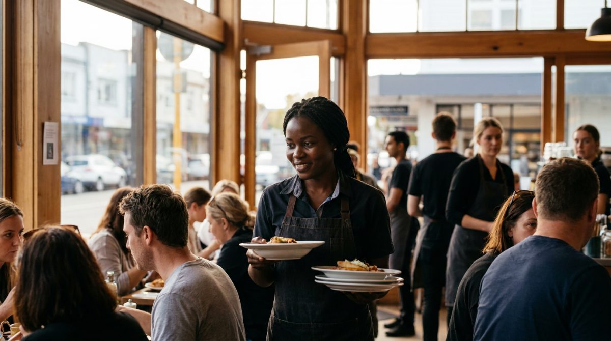 Nigerian hospitality worker carrying plates in a modern New Zealand cafe