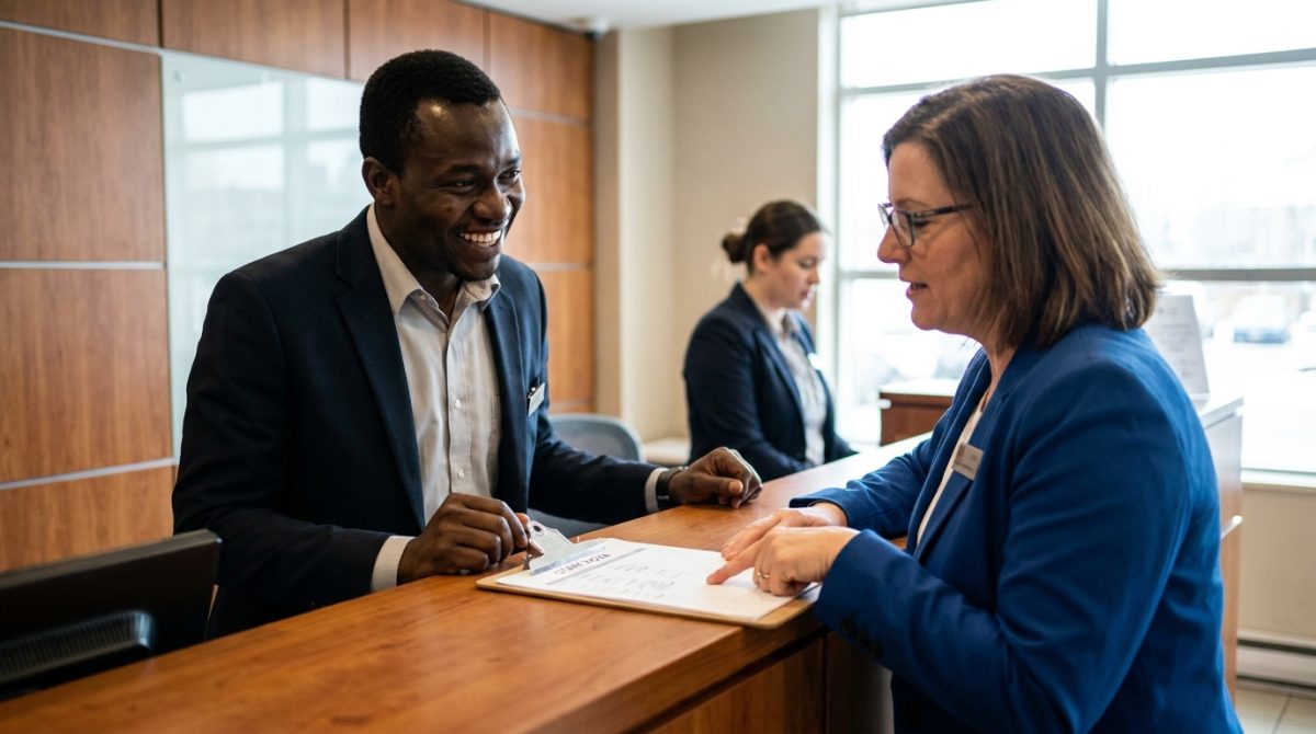 Nigerian hotel worker reviewing a staff rota with a supervisor in Canada