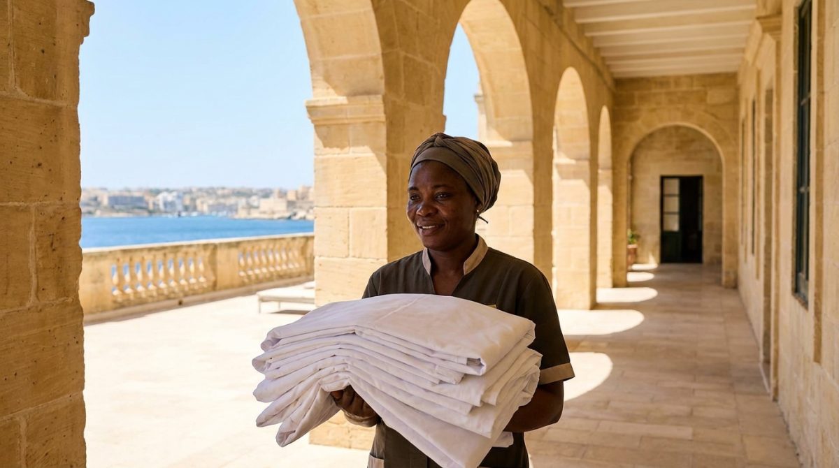 Nigerian housekeeping worker carrying linen along a Maltese hotel corridor
