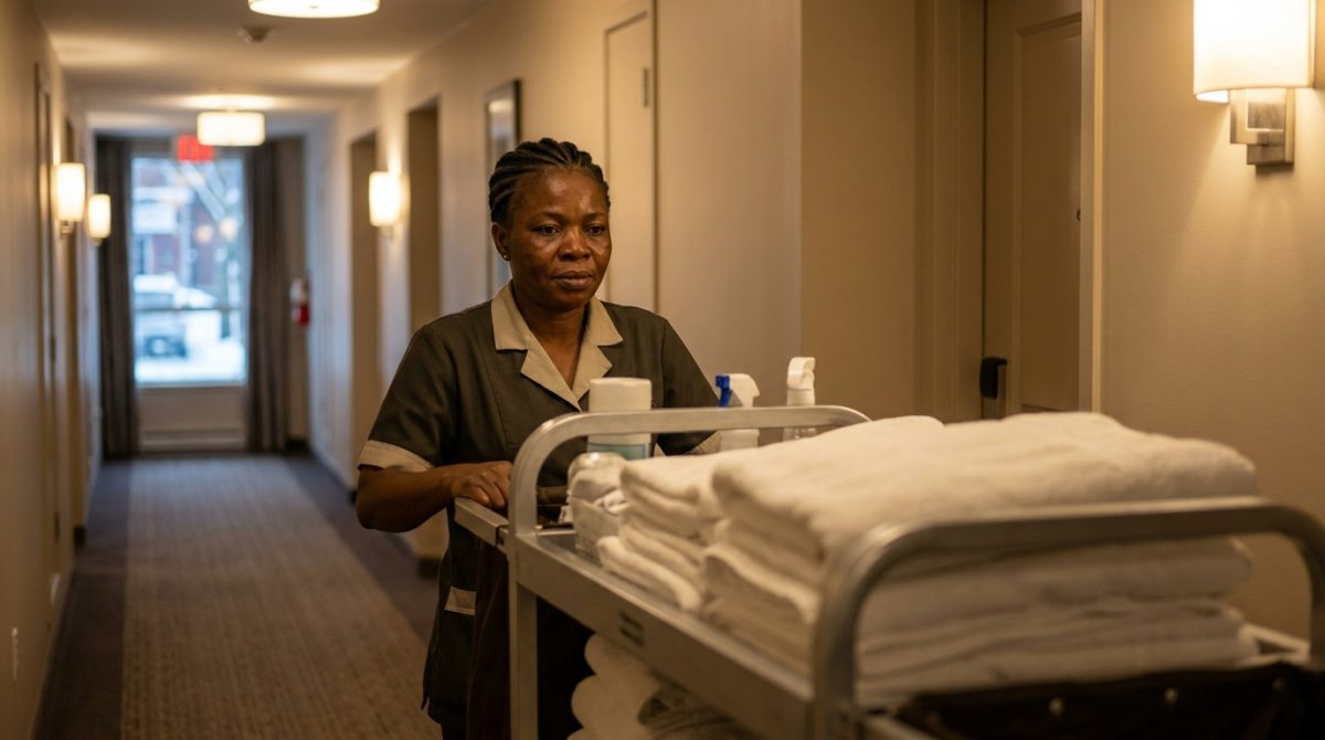Nigerian housekeeper pushing a housekeeping trolley in a Canadian hotel corridor