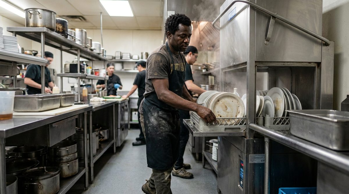 Nigerian kitchen worker loading a commercial dishwasher in a Canadian restaurant