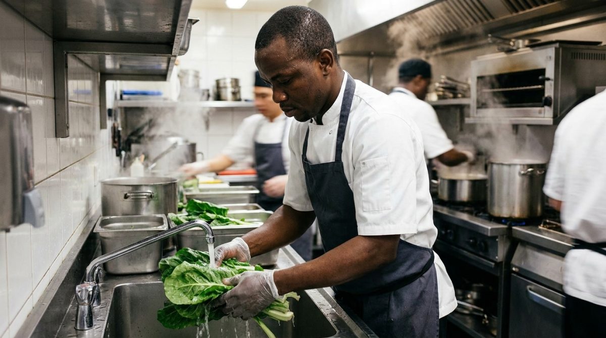 Nigerian kitchen helper washing and preparing vegetables in a Canadian restaurant kitchen