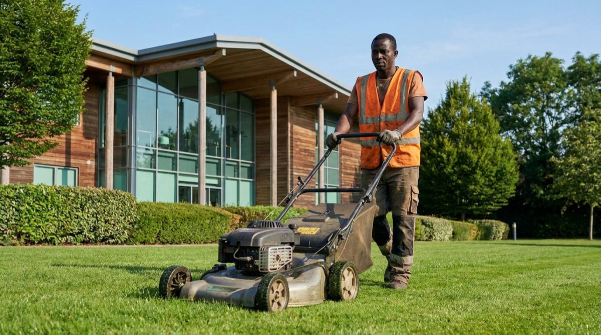 Nigerian landscaping worker mowing a commercial lawn in Canada
