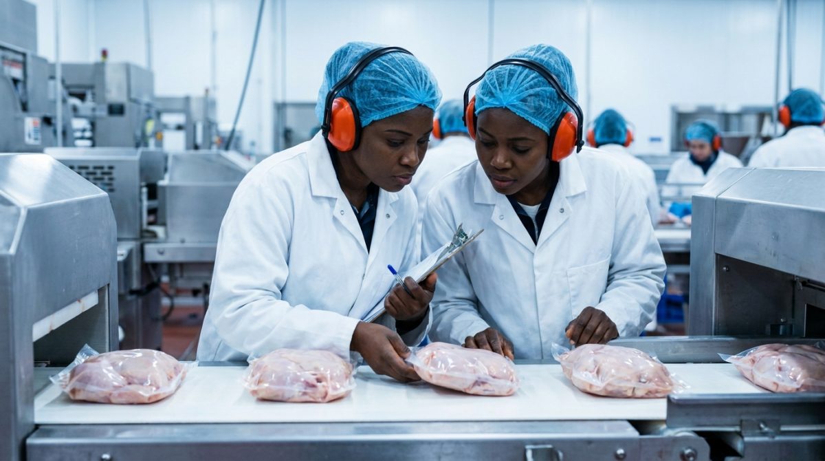 Nigerian workers inspecting packaged products in a Canadian food processing plant