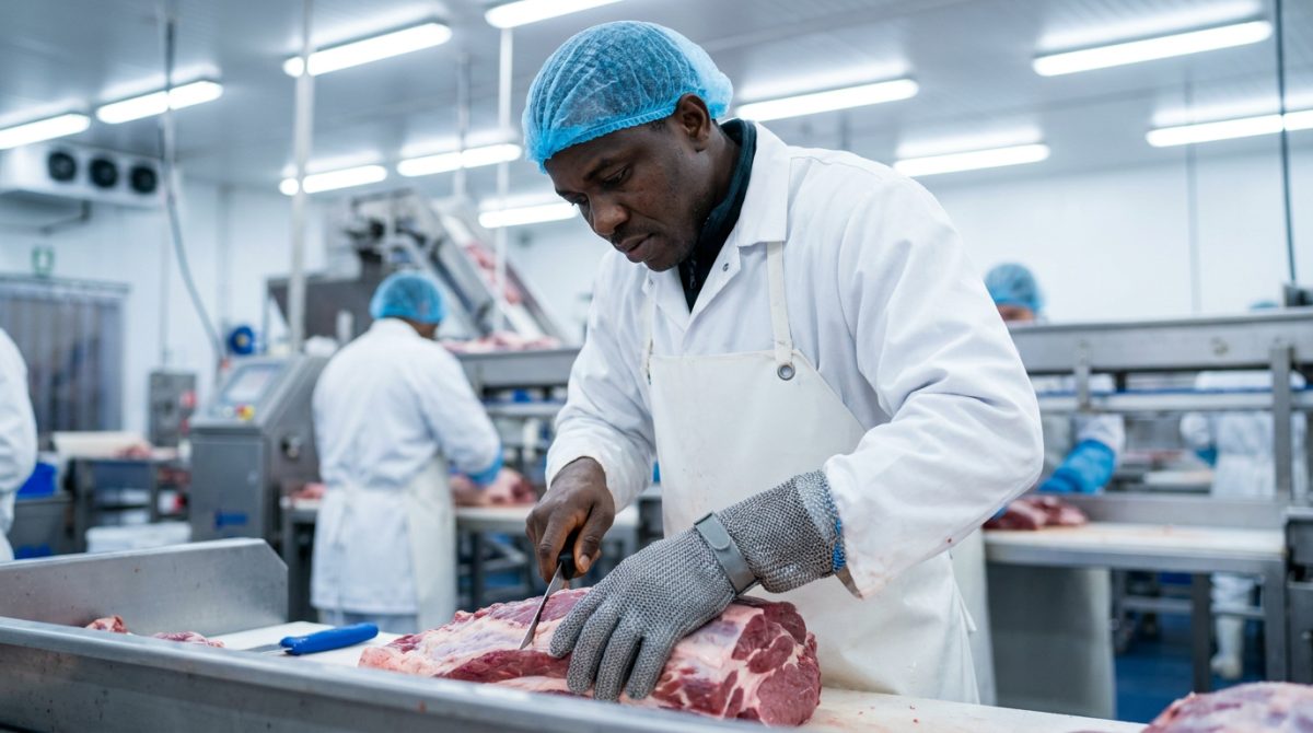 Nigerian skilled meat worker boning at a stainless steel table in an Australian meat processing plant