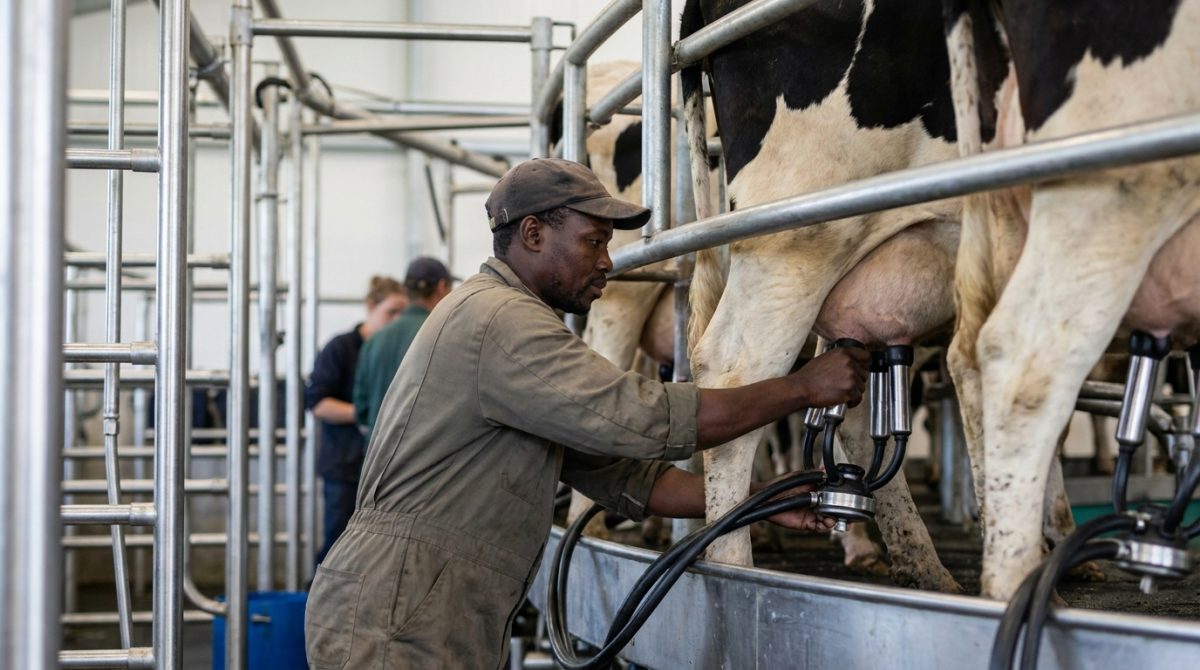 Nigerian farm worker attaching milking cups in a New Zealand rotary milking parlour